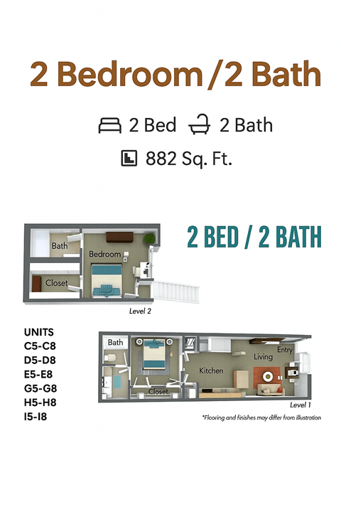 Floor plan for 1 bed, 2 baths, 882 sqft